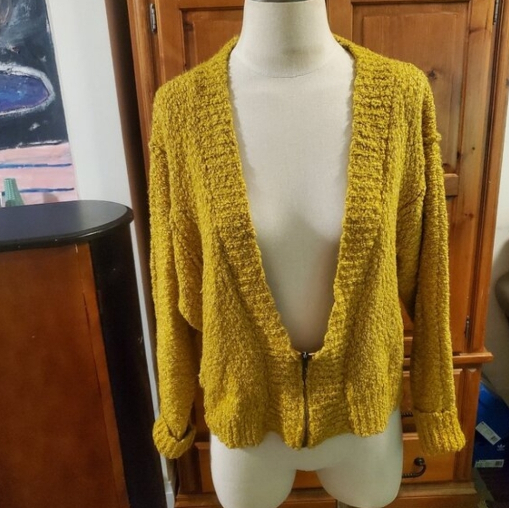 Mustard yellow crochet Whimsy grunge cardigan sweater fuzzy free people Boho - Picture 2 of 9